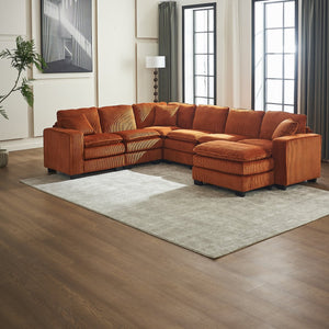 English Elm Modern U Shaped 6-Seat Sectional Sofa with Ottoman and 3 Toss Pillows, Corduroy Modular Comfort and Durable Frame Orange W2363S00043