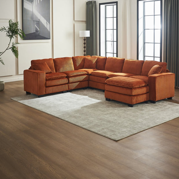 English Elm Modern U Shaped 6-Seat Sectional Sofa with Ottoman and 3 Toss Pillows, Corduroy Modular Comfort and Durable Frame Orange W2363S00043