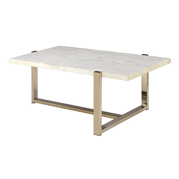 English Elm White Faux Marble Coffee Table with Champagne Geometric Metal Base — Modern Luxe, Durable Design B062P189196