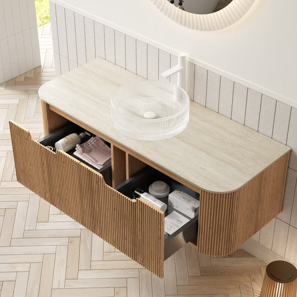 English Elm Dina Floating Bathroom Vanity with Crystal Glass Basin and Sintered Stone Top Beige,Natural Wood,Transparent W2615S00352