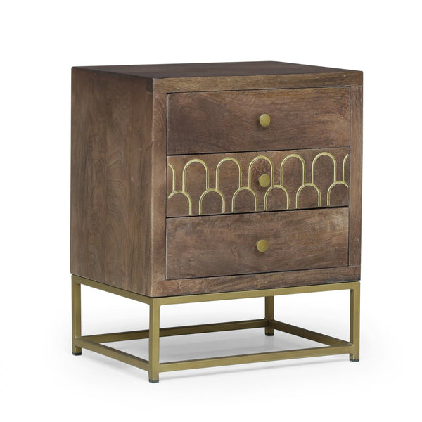 English Elm Christopher Knight Home® - NIGHT Mango Wood Nightstand Walnut with Gold Iron Legs, 3 Drawers, Mid-Century Modern Storage 68570.00