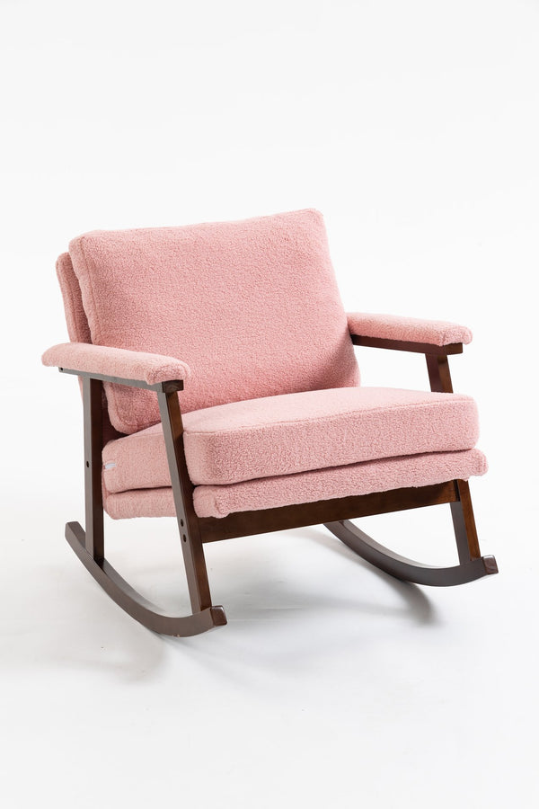 English Elm Mid Century Modern Rocking Chair Solid Wood Frame Upholstered Seat with Lumbar Cushion Light Pink W2530P419008