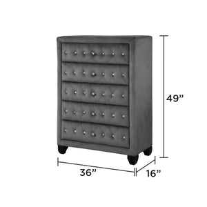 English Elm Sophia Velvet Tufted 5-Drawer Chest Gray — Hollywood Regency Glam, Durable Upholstered Wood Storage 733569252343