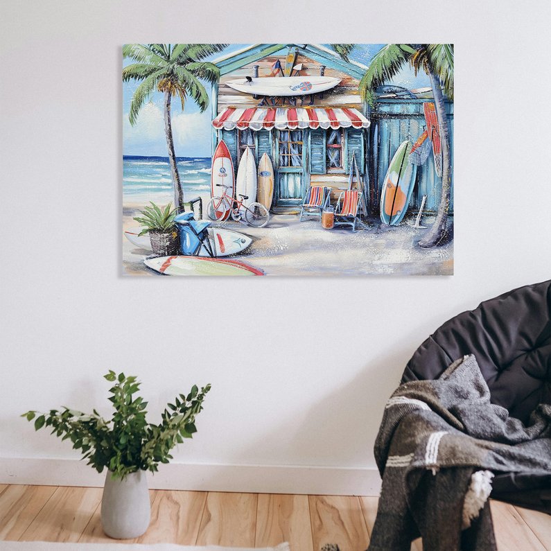 English Elm Blue Beach House Surfboard Coconut Tree Canvas Art - Vibrant Coastal Mural for Living Room, Office W3374P322225