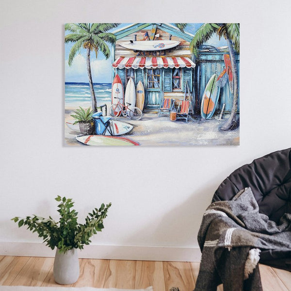 English Elm Blue Beach House Surfboard Coconut Tree Canvas Art - Vibrant Coastal Mural for Living Room, Office W3374P322225