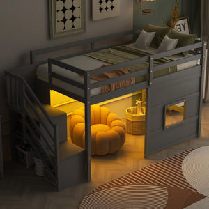English Elm Twin Loft Bed Pinewood Frame with Storage Staircase Led Lighting and Window Cutout Gray GX000436AAE