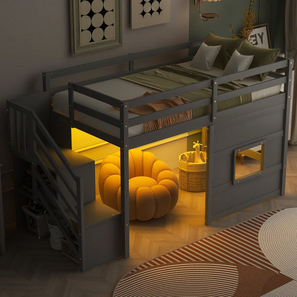 English Elm Twin Loft Bed Pinewood Frame with Storage Staircase Led Lighting and Window Cutout Gray GX000436AAE