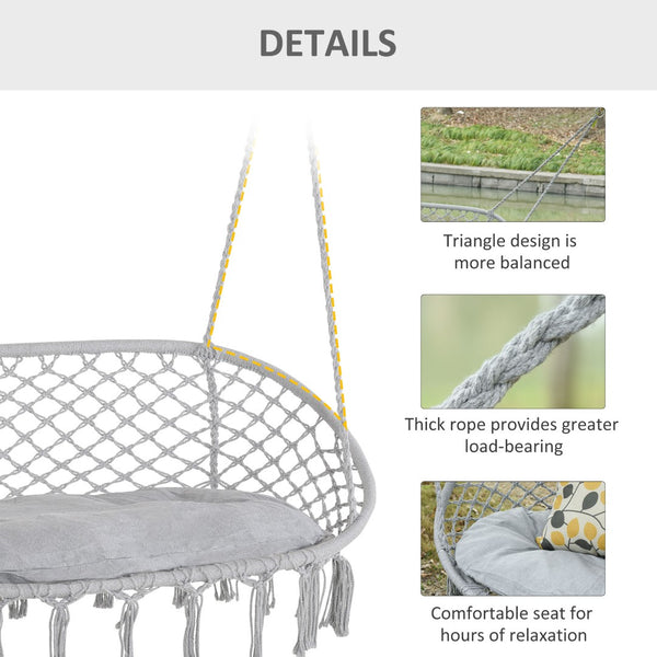 English Elm Outsunny 2-Person Macrame Hammock Chair With Soft Cushion - Stylish Indoor/Outdoor Swing, Gray W2225P174060-GIGA