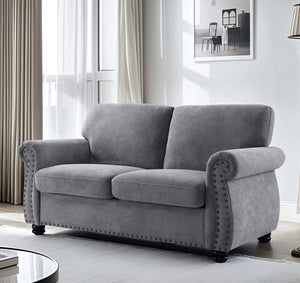 English Elm Soft Velvet Upholstered Loveseat with Turned Wood Legs Nailhead Trim Mid-century Style Grey B2735P292311