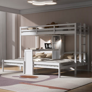 English Elm Twin Triple Bunk Bed with Built in Desk Open Shelving and Led Task Lighting White N7090002243K
