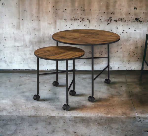 English Elm Oblis Vintage Oak Nesting Tables Set - 2Pc Wooden Round Tops, Metal Tripod Legs & Caster Wheels, Durable B2726P408070