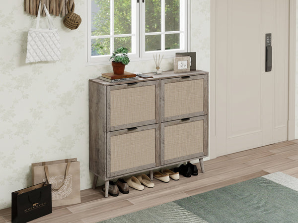 English Elm 4 Door Rattan Shoe Cabinet with Pine Legs Slim Entryway Storage Modern Style W688P173281