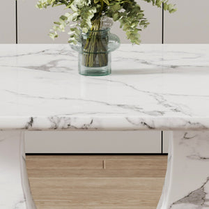 English Elm Table And Chair Set - Modern Marble Pattern Mdf Dining Set With 6 White Pu Chairs For Elegance W1151S02182-GIGA