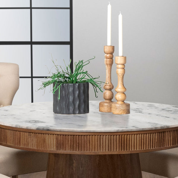 English Elm Feast 46" Round Marble Dining Table with Fluted Mango Wood Base — Elegant White Top, Natural Finish B062S00856