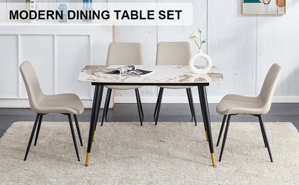 English Elm Table 5-Piece Dining Set: Luxurious Sintered Stone Top With 4 Ergonomic Warm Gray Pu Chairs For Comfort W1151S04205-GIGA