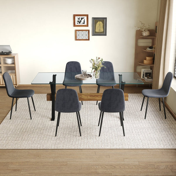 English Elm Table And Chair Set: Modern 79"X31.5" Glass Top With X-Shaped Metal Legs & 6 Dark Gray Linen Chairs W1151S03601-GIGA