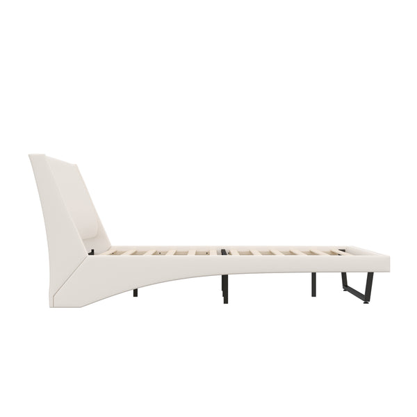 English Elm Queen Pu Leather Platform Bed Sculptural Wave Base Floating Silhouette Modern Bedroom White N761S0000031W