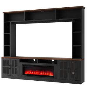 English Elm U-can Modern Farmhouse Wall Unit with Electric Fireplace Bookshelves and Glass Cabinet Doors Black+Brown SJ000153AAAB