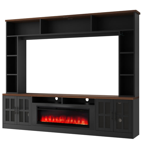 English Elm U-can Modern Farmhouse Wall Unit with Electric Fireplace Bookshelves and Glass Cabinet Doors Black+Brown SJ000153AAAB