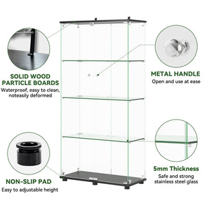 English Elm Glass Display Cabinet with Lockable Double Doors Four Tempered Shelves Matte Black Frame W3190S00003