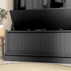 English Elm HOMCOM Entryway Hall Tree with Bench and 4 Double Hooks, Shoe Storage Organizer and Anti-Tip Black W2225P229710