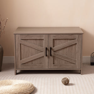 English Elm Cat Litter Box Enclosure with Barn Door Hidden Litter Box Furniture End Table Dual Cabinet Storage Greige W3008P235407