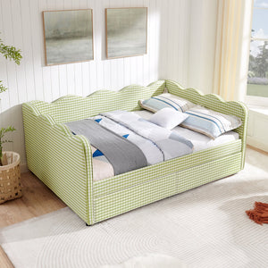 English Elm Full Size Gingham Linen Daybed with Wave Backrest Trundle and Usb Charging Port Green W1413S00147