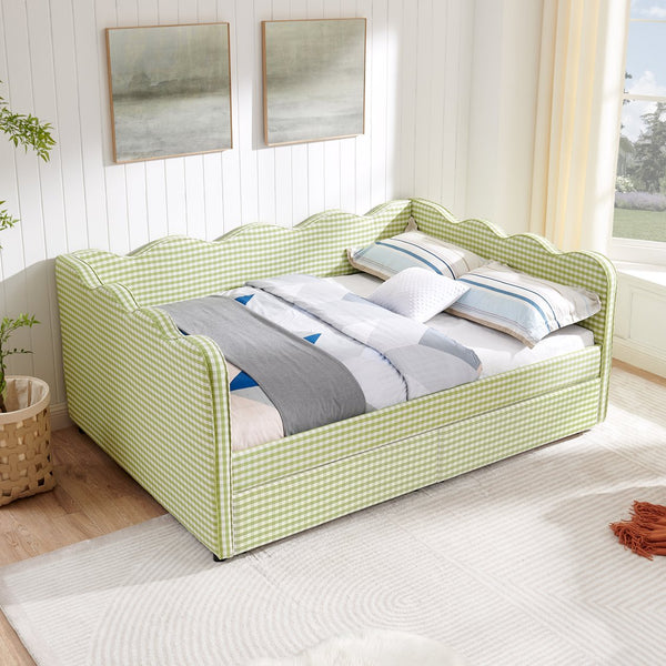 English Elm Full Size Gingham Linen Daybed with Wave Backrest Trundle and Usb Charging Port Green W1413S00147