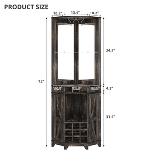 English Elm 67.3" Farmhouse Corner Bar Cabinet Led Lit Wine Storage with Built-in Power Outlets N735P361429D