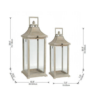 English Elm Wooden Hurricane Lantern Set Fir Frame Glass Panels Indoor Outdoor Candle Decor Pair W2078131625