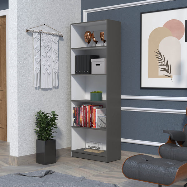English Elm Sutton 4-Shelf Modern Bookcase with Open Storage, Slim 71.1" Tall Display Unit in White/Gray/Black B128P176169