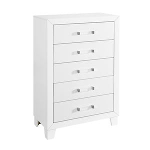 English Elm OMODA Sleek Five-Drawer Chest in Solid Wood and MDF with Modern Acrylic Hardware, Contemporary Appeal White 35.35 L x 19.29 W x 48.82 H B201P226201