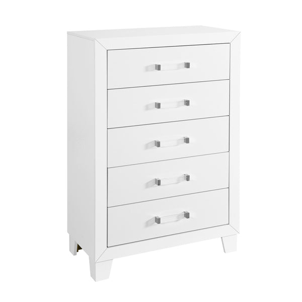 English Elm OMODA Sleek Five-Drawer Chest in Solid Wood and MDF with Modern Acrylic Hardware, Contemporary Appeal White 35.35 L x 19.29 W x 48.82 H B201P226201