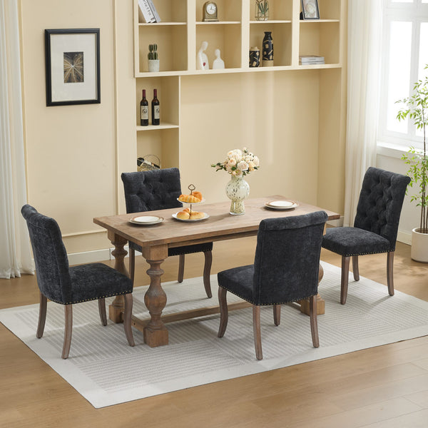 English Elm Upholstered Chenille Tufted Dining Chairs Set of 2 with Curved Wood Legs Club Style Black W1143P457781