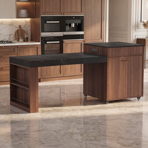 English Elm 78.8'' Fluted Rolling Kitchen Island with Extendable Dining Surface Built-in Power Mdf Walnut B2764S00002