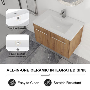 English Elm 30 30 Inch Soft Close Vanity with Resin Sink, Open Shelf Storage & Rust‑Resistant Metal Handles, KD-Pack W999P188194