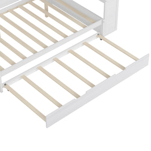 English Elm Wooden Full Size Daybed with Trundle and Built-In Desk, Side Storage Shelves for Space-Saving Rooms Antique White 70 L x 18.6 W x 5.5 H N733S242277K