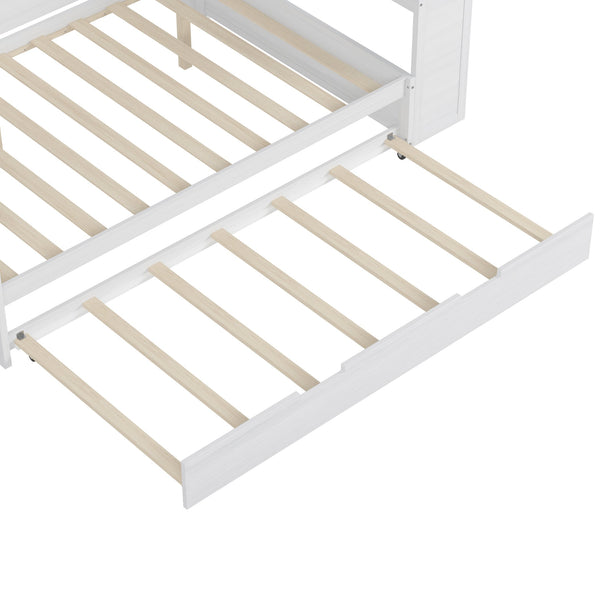 English Elm Wooden Full Size Daybed with Trundle and Built-In Desk, Side Storage Shelves for Space-Saving Rooms Antique White 70 L x 18.6 W x 5.5 H N733S242277K