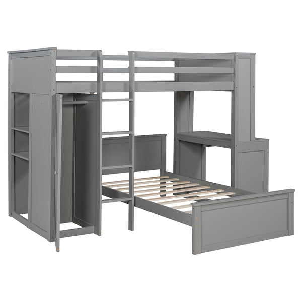 English Elm Twin Loft Bed System with Wardrobe Desk and Shelving for Kids Shared Bedroom Gray LT000820AAE-1