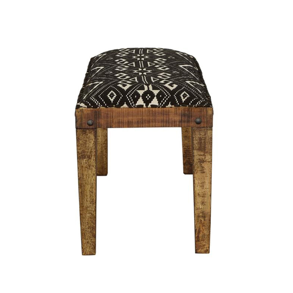 English Elm Fabric Mango Wood Accent Bench with Black & White Geometric Upholstery, Nailhead Trim, Rustic Style B016P381254