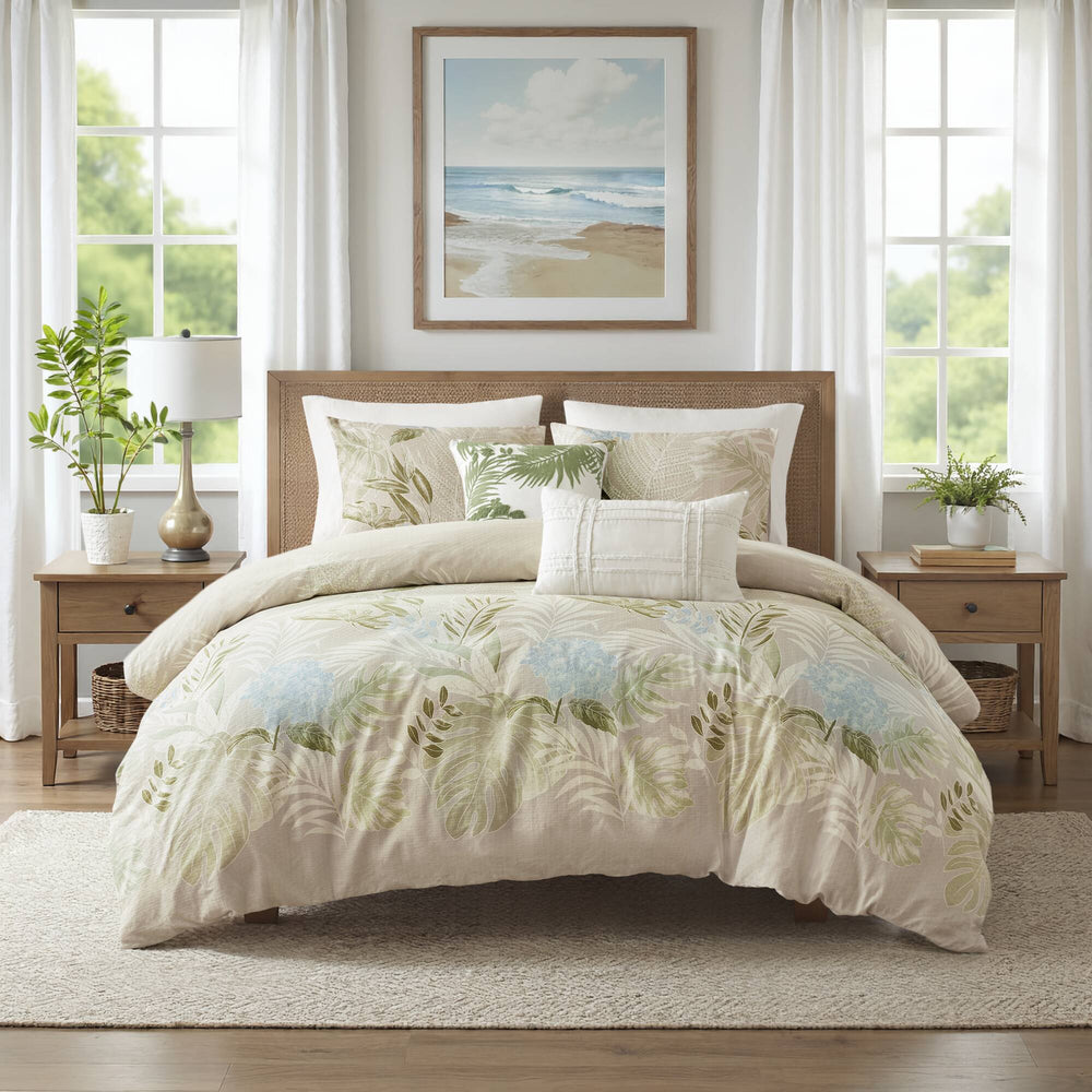 English Elm 5-piece King Cotton Dobby Duvet Set Tropical Botanical Print Coastal Bedroom B035P463276