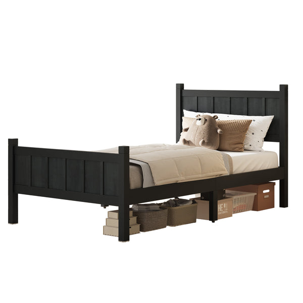 English Elm Twin Platform Bed Vertical Slat Headboard Farmhouse Shaker Wood Grain Finish Bedroom Black N733P422478E