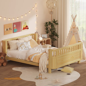 English Elm Queen Low Profile Pine Wood Kids Platform Bed with Guardrails and Rounded Safety Posts Natural W2593P409123