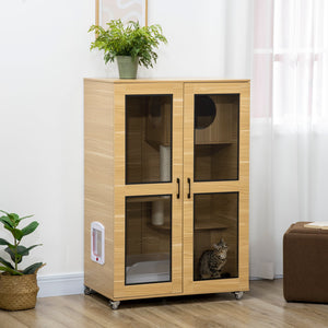English Elm Pawhut Indoor Cat Enclosure Catio Villa with Scratching Posts Oak Furniture Style W2225P229287