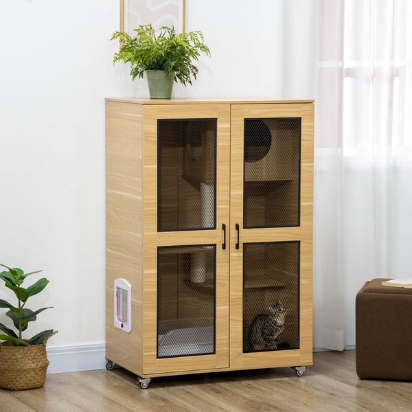 English Elm Pawhut Indoor Cat Enclosure Catio Villa with Scratching Posts Oak Furniture Style W2225P229287