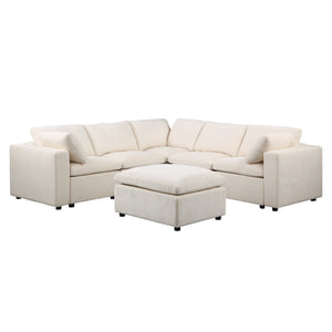 English Elm Modular 6-Seat Sectional Sofa With Reversible Chaise & Ottomans – Versatile Beige Couch For Living Rooms W1123S00045