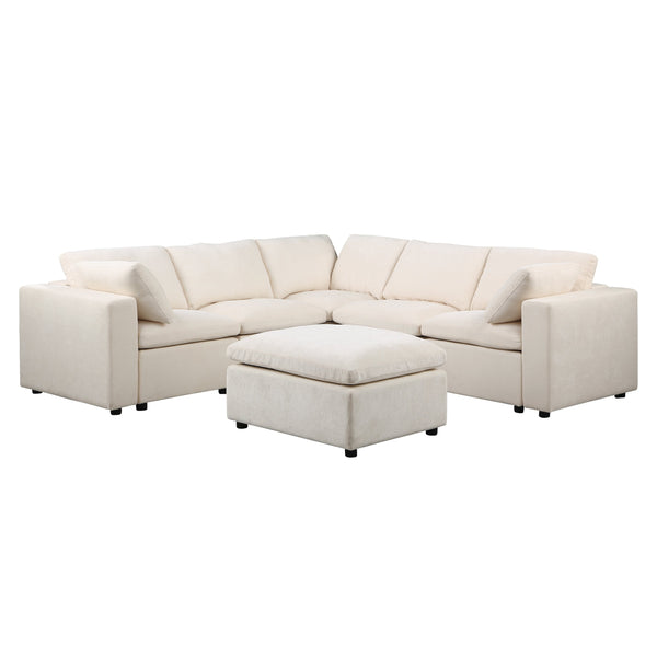 English Elm Modular 6-Seat Sectional Sofa With Reversible Chaise & Ottomans – Versatile Beige Couch For Living Rooms W1123S00045