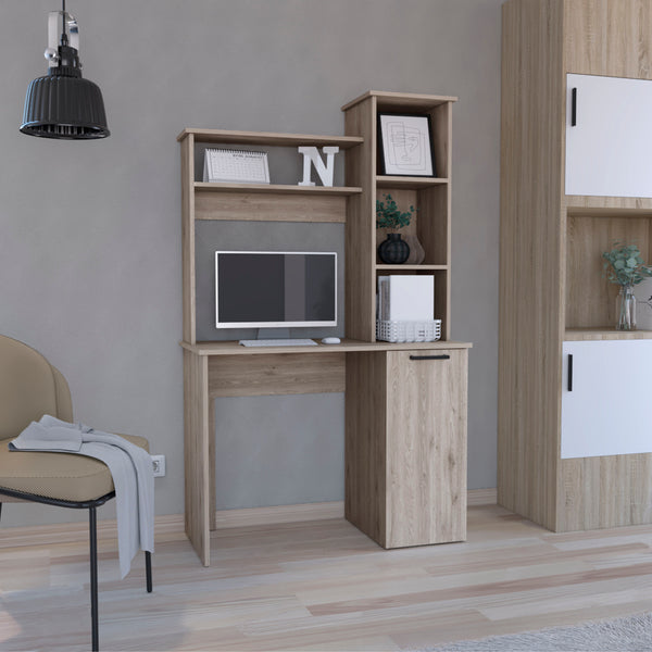 English Elm Carson Grey Computer Desk with Hutch, Single Door Cabinet, 25.8" Work Surface & 3-Tier Shelves B200P188878