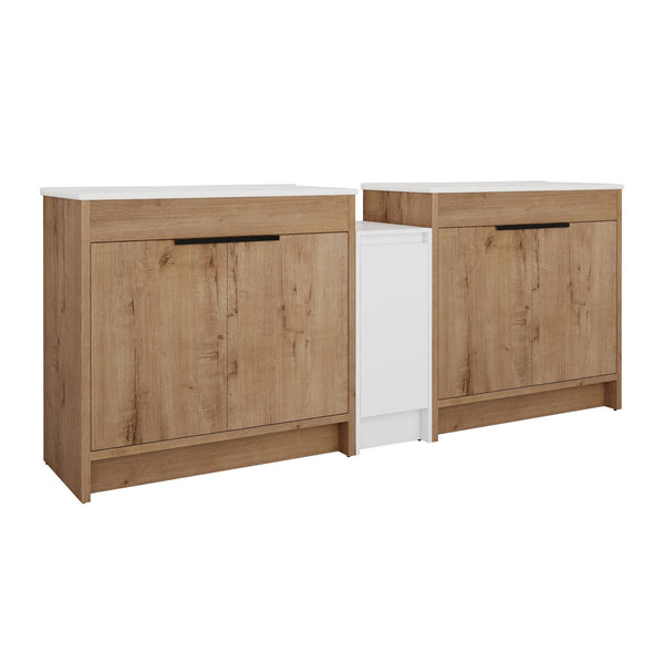 English Elm 84 Inch Freestanding Bathroom Vanity with Integrated Resin Sink, Soft-Close Doors, Shelves & Extra Storage Space Glossy White,Imitative Oak W999S00325