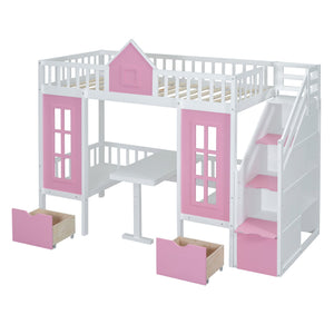 English Elm Twin-over-twin Bunk Bed Convertible Lower Desk Solid Pine Kids Bedroom Space Saver LT000681AAH-1